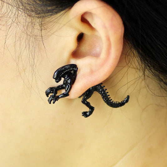 Cool Alien Dinosaur Black Enamel Stud Earrings
