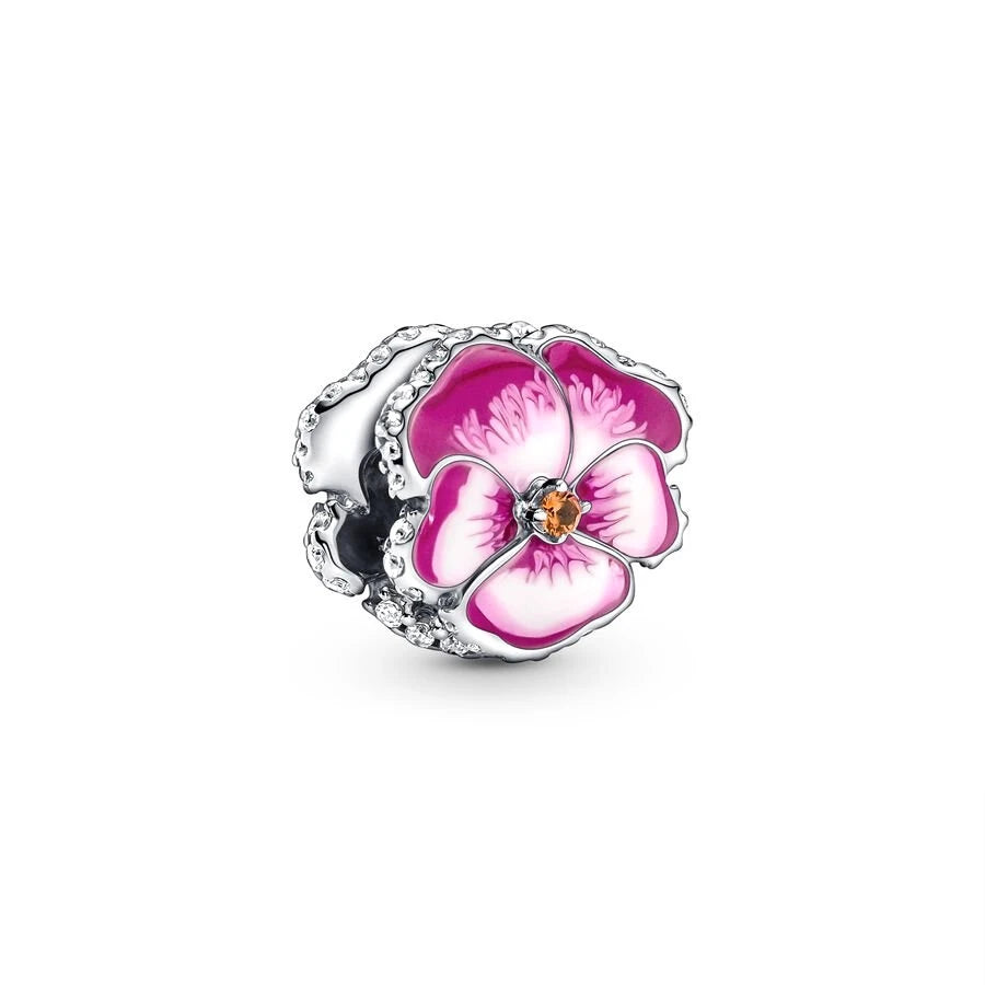 Purple Daisy Pink Pansy Flower Dangle Charm Bead