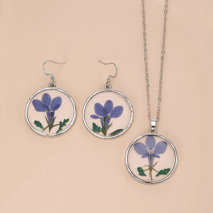 Round Blue Dried Flower Earrings Necklace Set