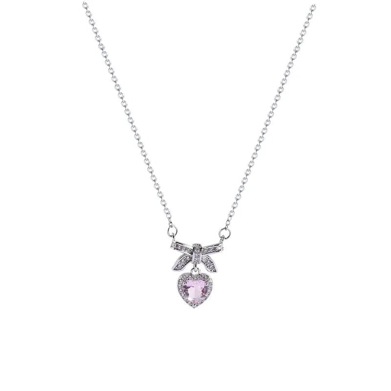 Korean Pink Heart Bow Necklace