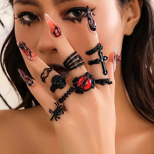 9Pcs Goth Black Devil Eye Skull Spider Rings Set