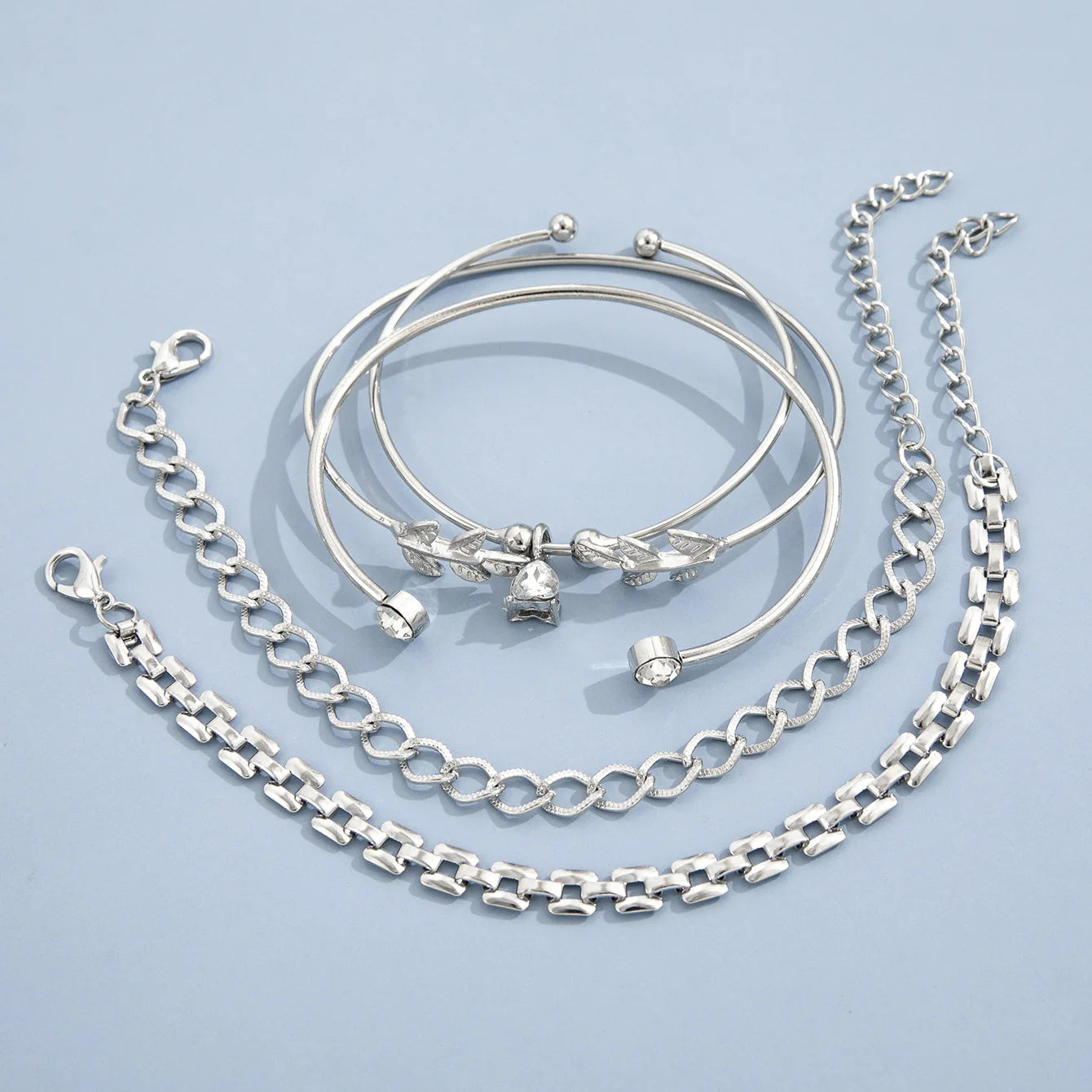 Bohemian Silver Geometric Link Bracelet Set