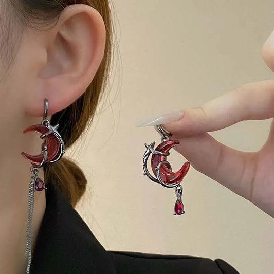Asymmetrical Red Moon Rose Crystal Earrings