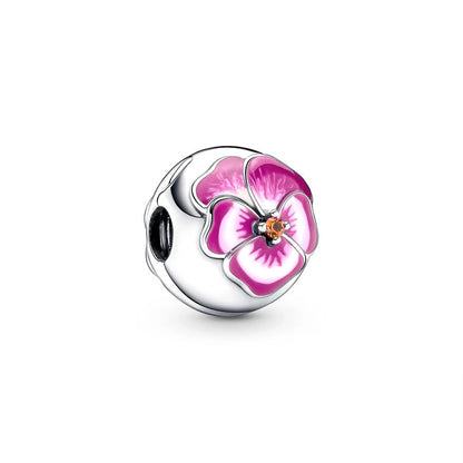 Purple Daisy Pink Pansy Flower Dangle Charm Bead