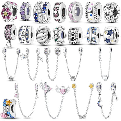 925 Sterling Silver Spacer Clip Charms Safety Chain