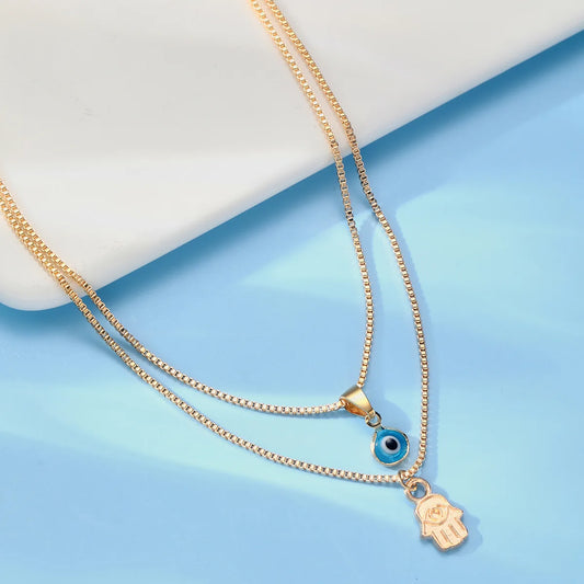 Turkish Lucky Palm Evil Eyes Pendant Necklace