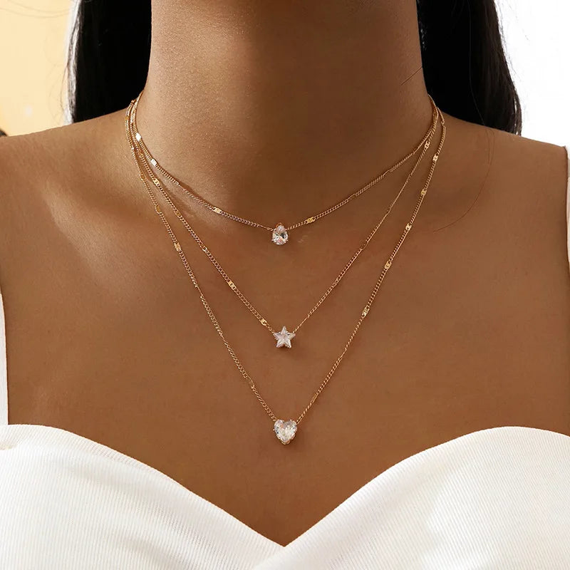 Heart Star Charm Pendant Necklace Set