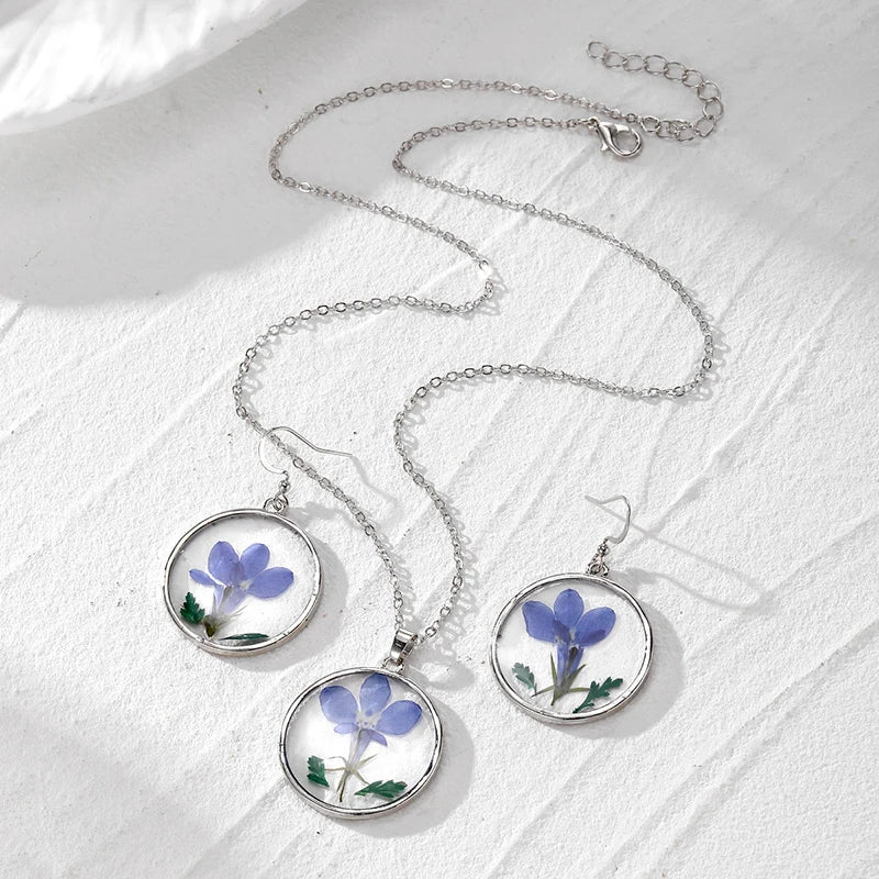 Round Blue Dried Flower Earrings Necklace Set