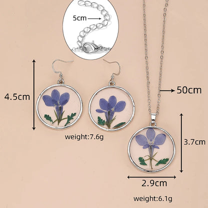 Round Blue Dried Flower Earrings Necklace Set