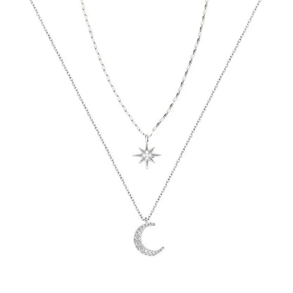 Silver Double Layer Star Moon Pendant Necklace