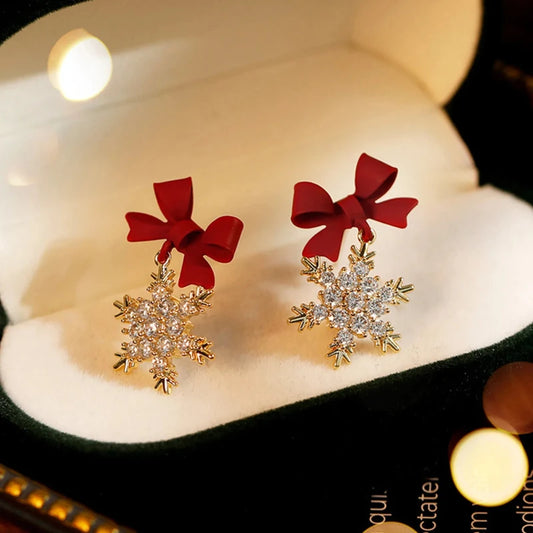 Red Bow Knot Snowflakes Drop Earrings