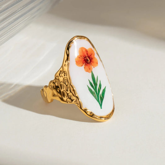 18K Gold-Plated Green Dried Flower Open Ring