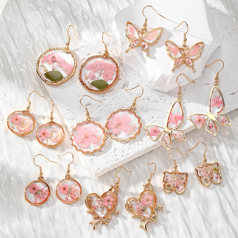 Pink Dried Floral Butterfly Drop Earrings