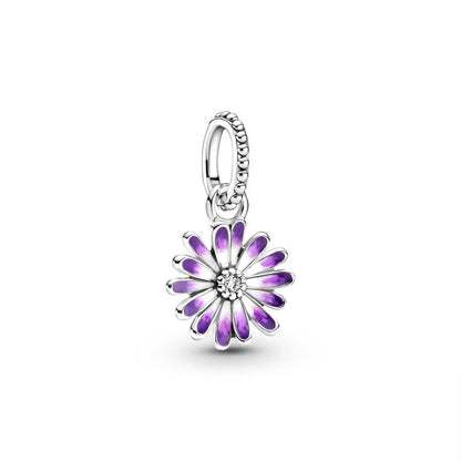 Purple Daisy Pink Pansy Flower Dangle Charm Bead