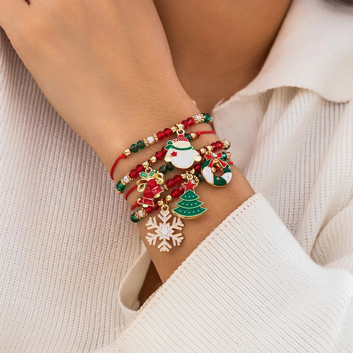 5pcs Christmas Snowflake Tree Pendant Crystal Bracelet Set