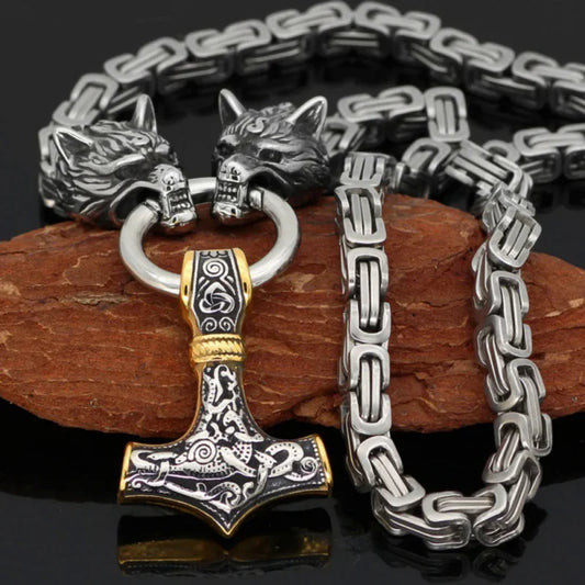 Viking Double Wolf Head Thor's Hammer Pendant Necklace Men Jewelry