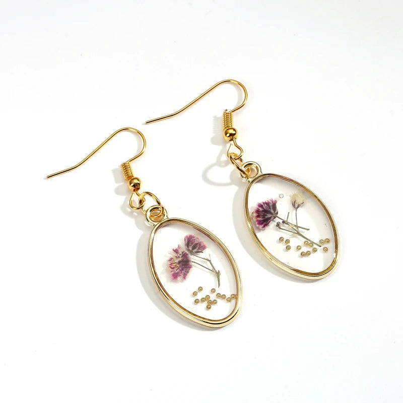 Oval Resin Dried Flower Daisy Earrings